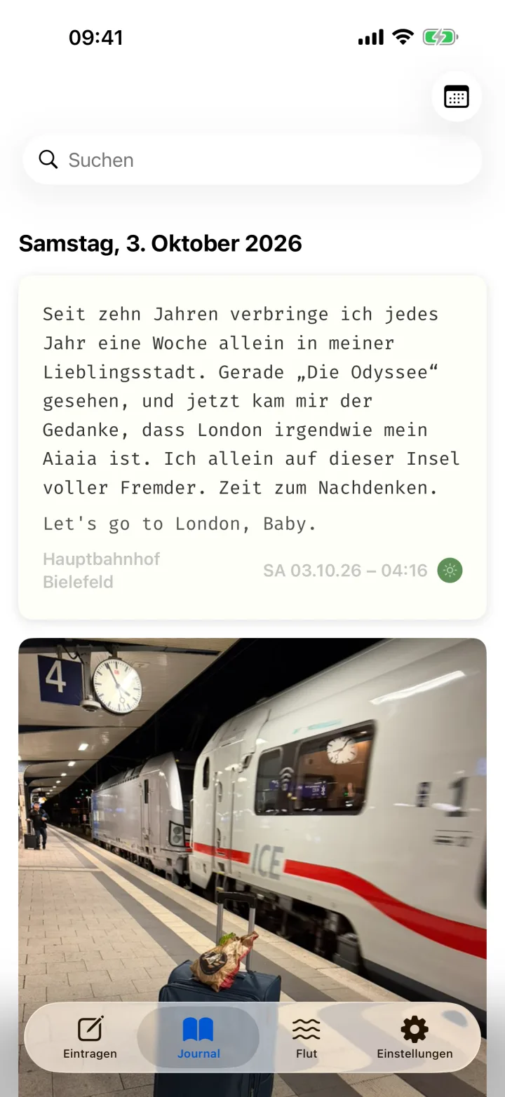 Das Journal: Datumszeile, darunter Papierkarten mit Text, Ort, Datum, Uhrzeit und Stimmungspunkt sowie ein Foto.