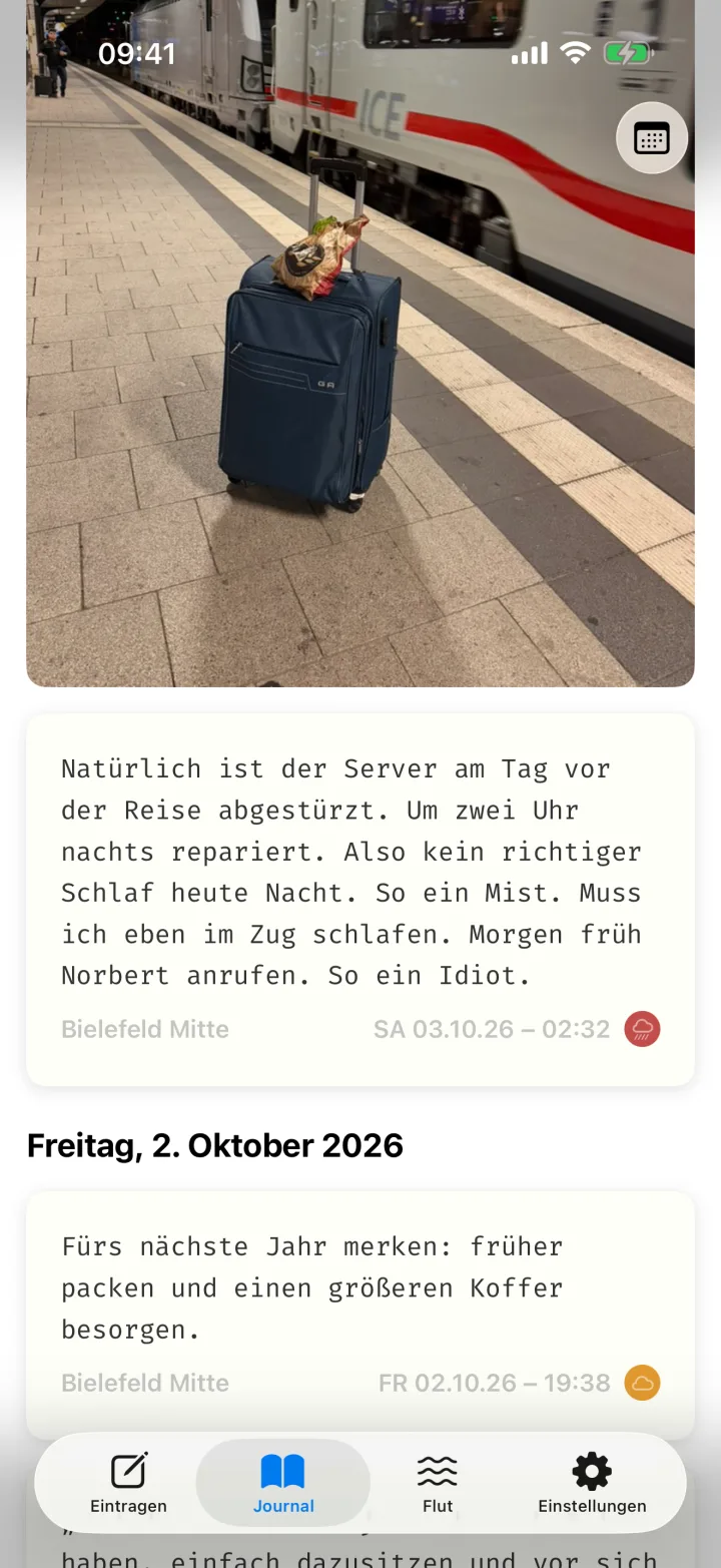 Das Journal weiter unten: ein kurzer Eintrag aus dem Hyde Park mit drei Fotos, darunter die Ankunft in London.