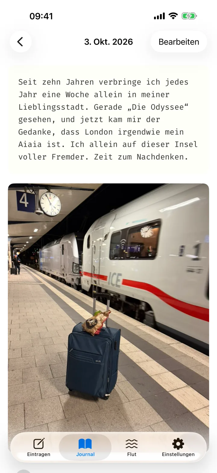 Die Detailansicht: Text auf dem Blatt, darunter das Foto, oben rechts der Knopf Bearbeiten.