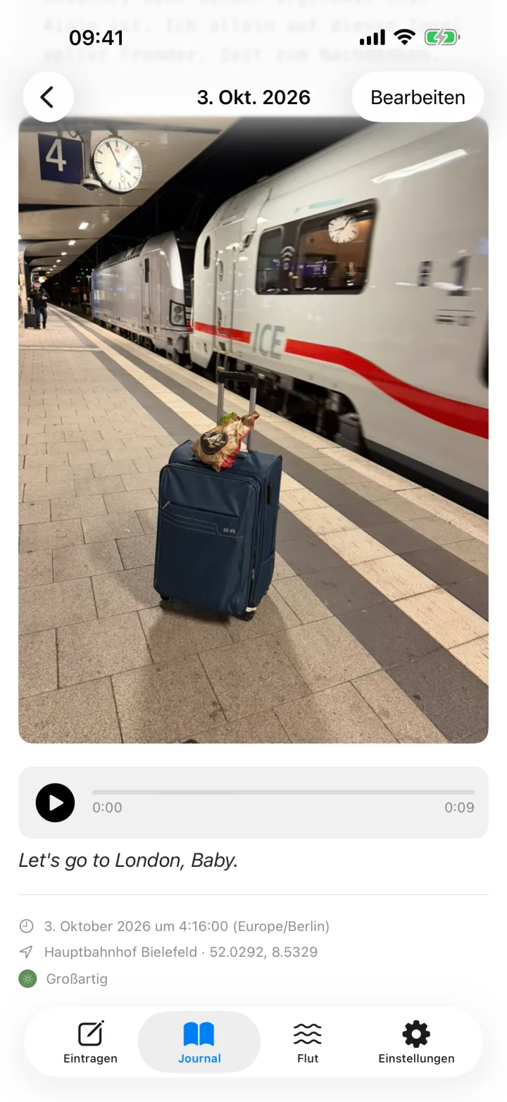 Ein Eintrag mit Foto, Sprachnotiz samt Transkript, Zeit mit Zeitzone, Ort mit Koordinaten und Stimmung.
