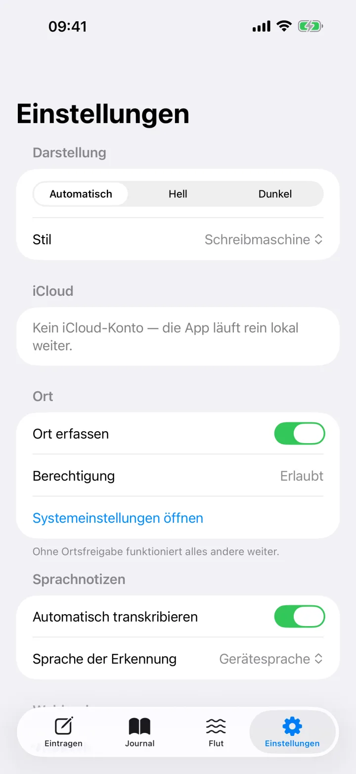 Die Einstellungen, oberer Teil: Darstellung, iCloud, Ort, Sprachnotizen.
