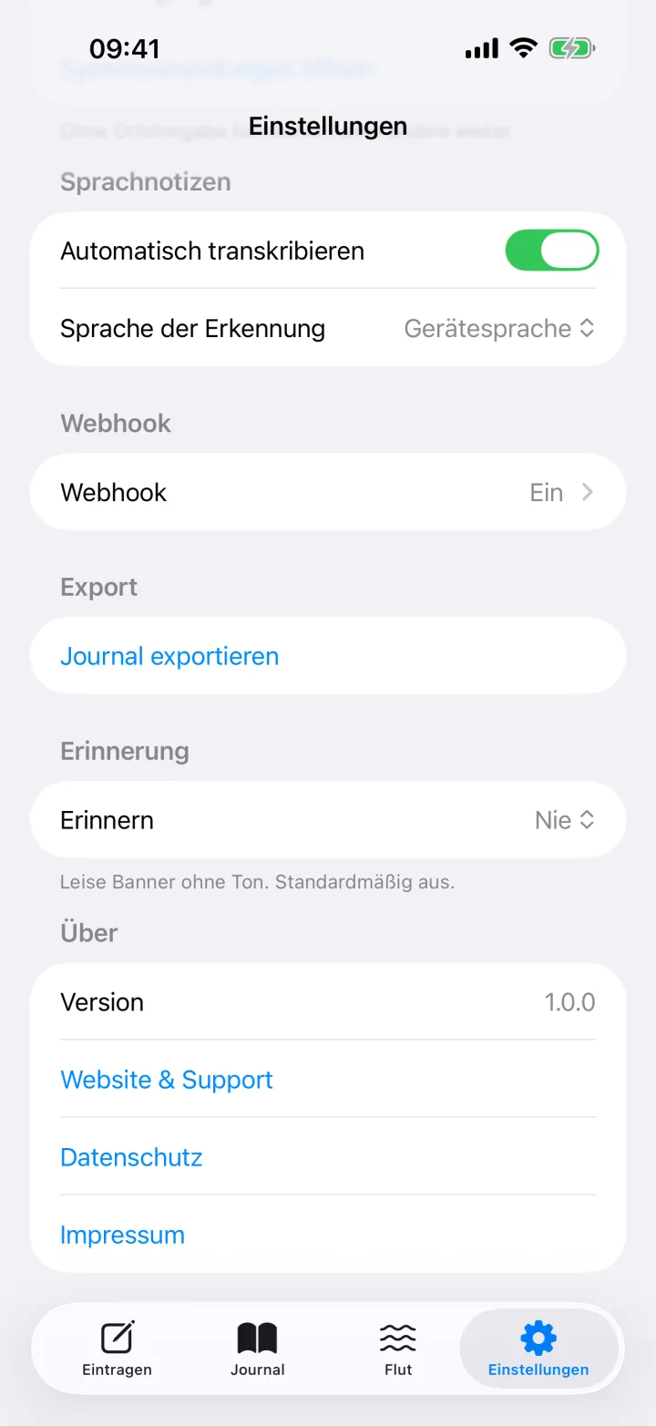 Die Einstellungen: Sprachnotizen, Webhook, Export, Erinnerung und der Abschnitt Über mit Version, Website, Datenschutz und Impressum.