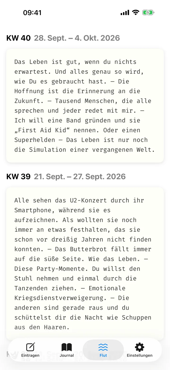 Der Flut-Tab: die kurzen Notizen einer Woche als eine Kette auf einer Karte, darunter die Woche davor.