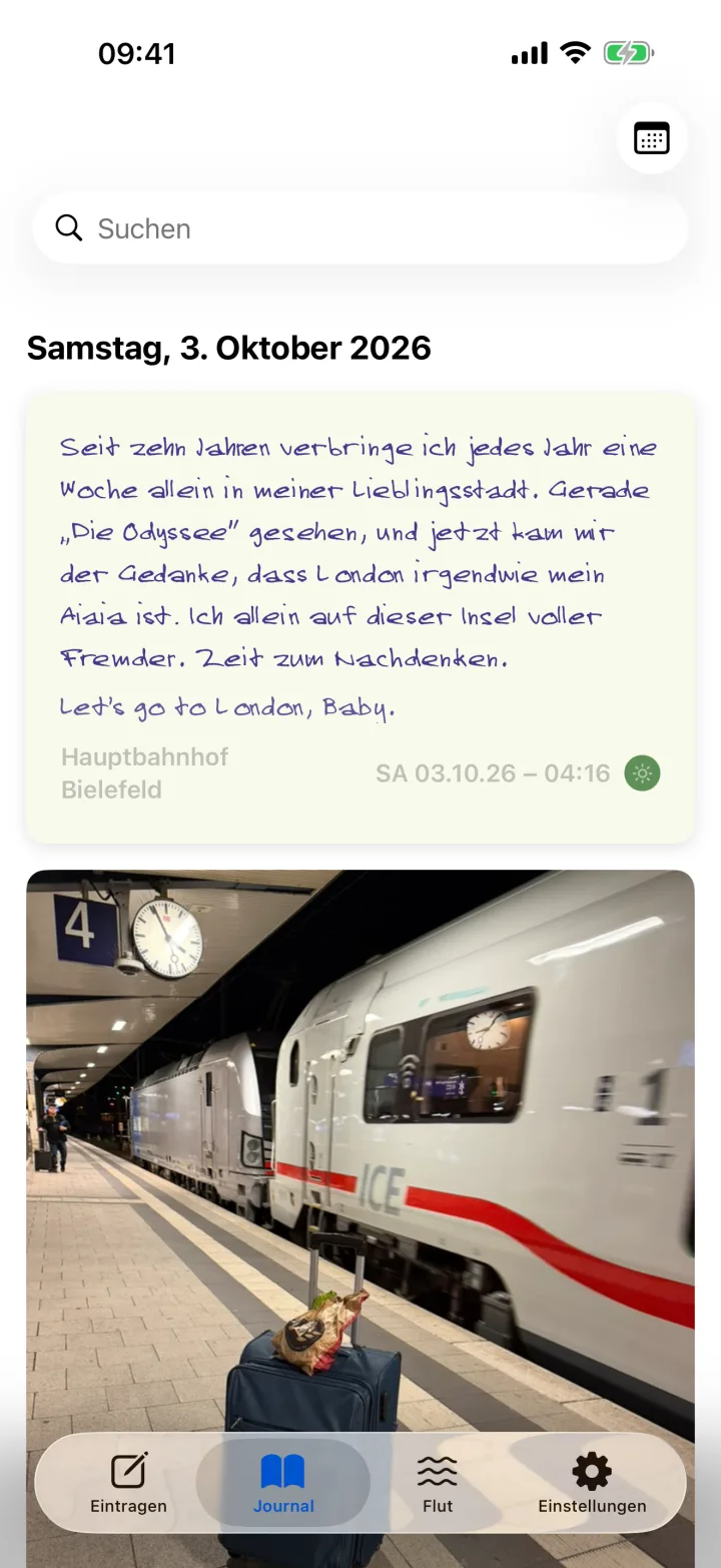 Das Journal in Handschrift 1: violette Tinte auf hellem Papier.