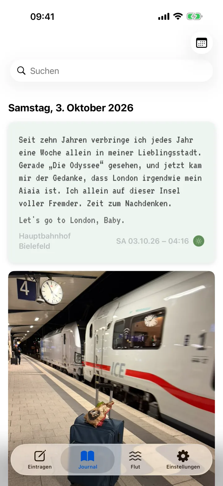 Das Journal im Stil Drucker: Pixelschrift auf grünlichem Papier.