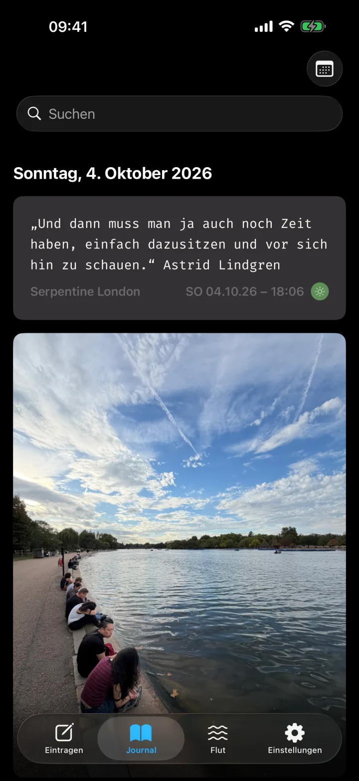 Das Journal im dunklen Erscheinungsbild: dunkle Karten, helle Schrift.