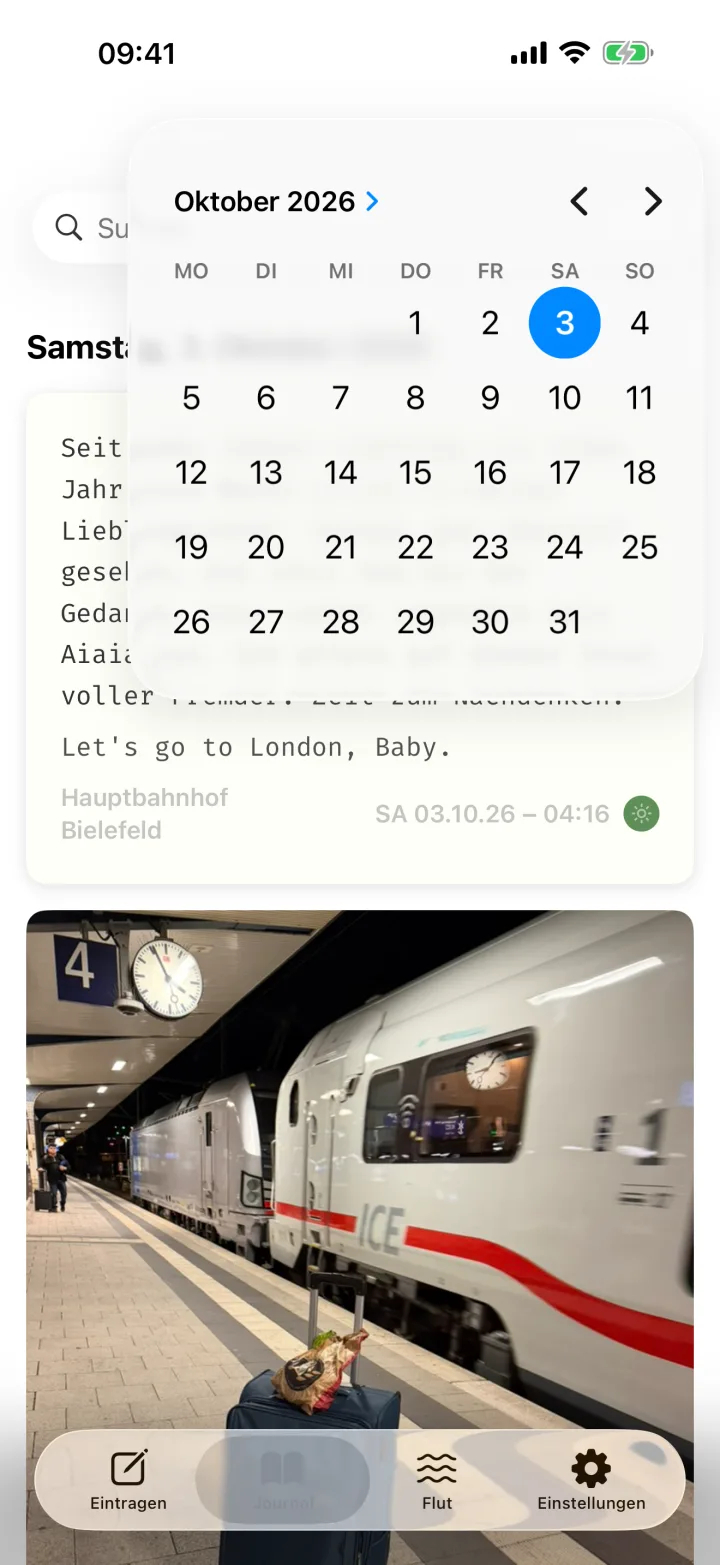 Der Monatskalender über dem Journal, der 3. Oktober ist markiert.