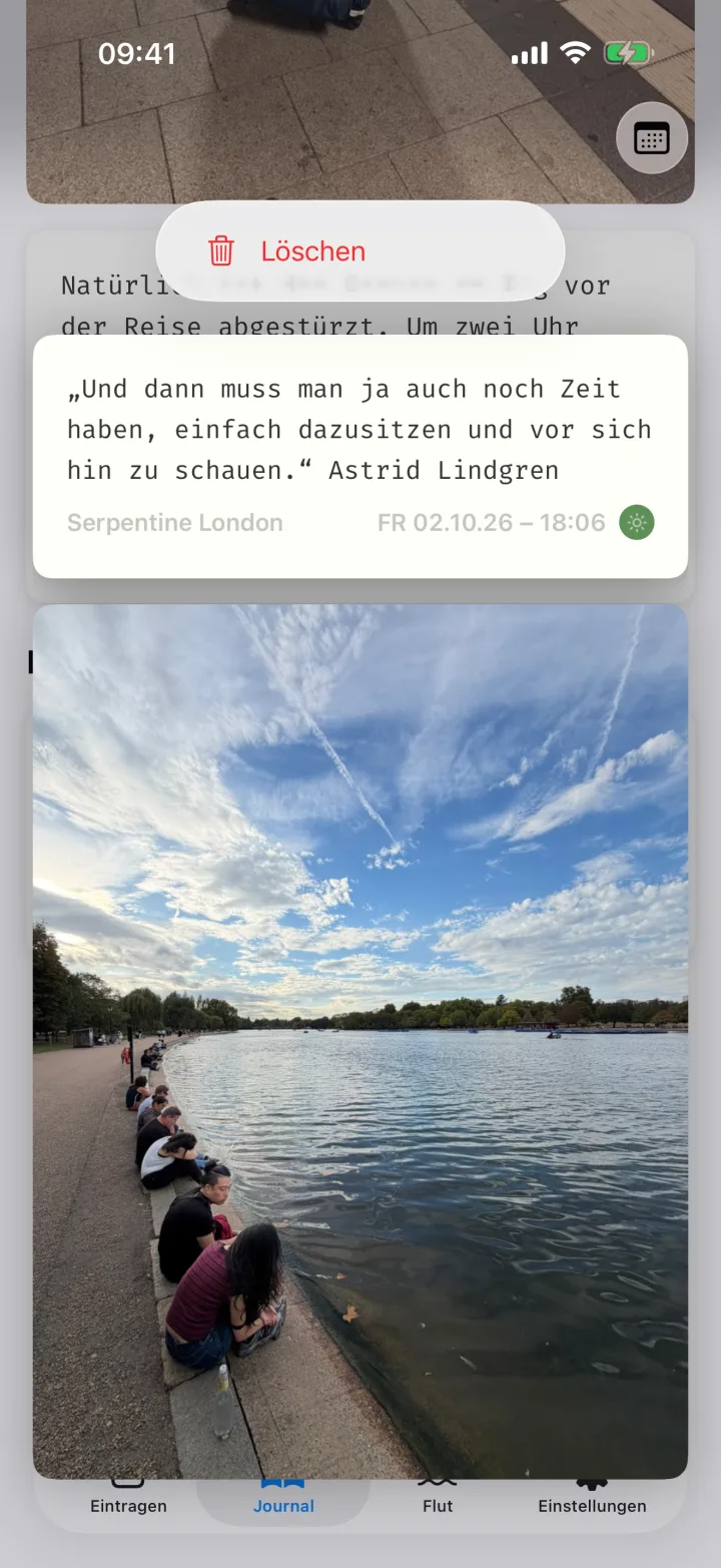 Eine gedrückt gehaltene Karte mit dem Menüpunkt Löschen.