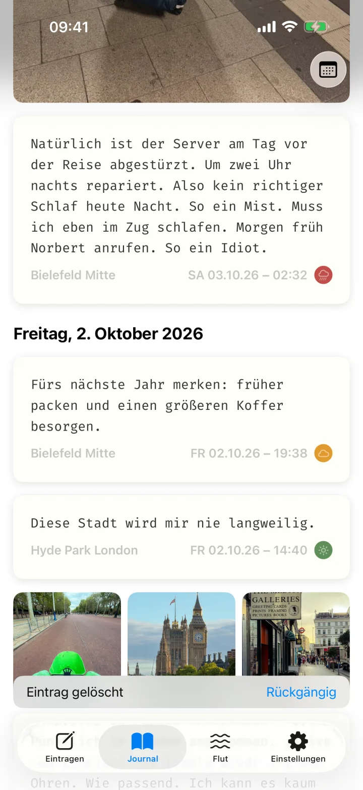 Am unteren Rand der Hinweis „Eintrag gelöscht“ mit dem Knopf Rückgängig.