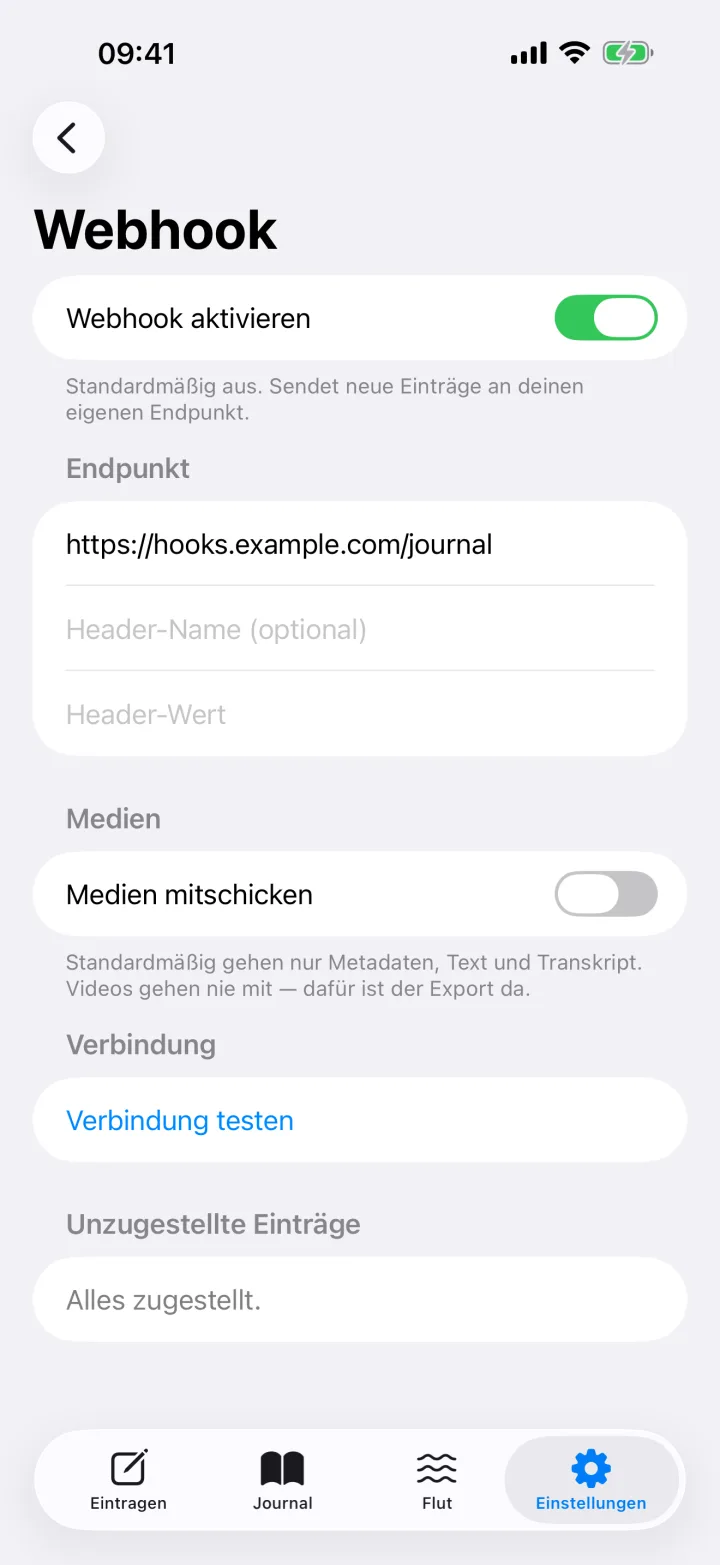 Die Webhook-Einstellungen: Schalter, Endpunkt mit Adresse und Header-Feldern, Medien, Verbindung testen, unzugestellte Einträge.