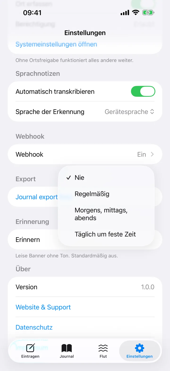 Die Einstellungen mit geöffneter Auswahl für Erinnerungen: Nie, Regelmäßig, Morgens mittags abends, Täglich um feste Zeit.
