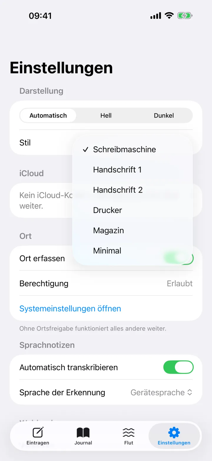 Die Einstellungen mit geöffnetem Stil-Menü: Schreibmaschine, Handschrift 1, Handschrift 2, Drucker, Magazin, Minimal.
