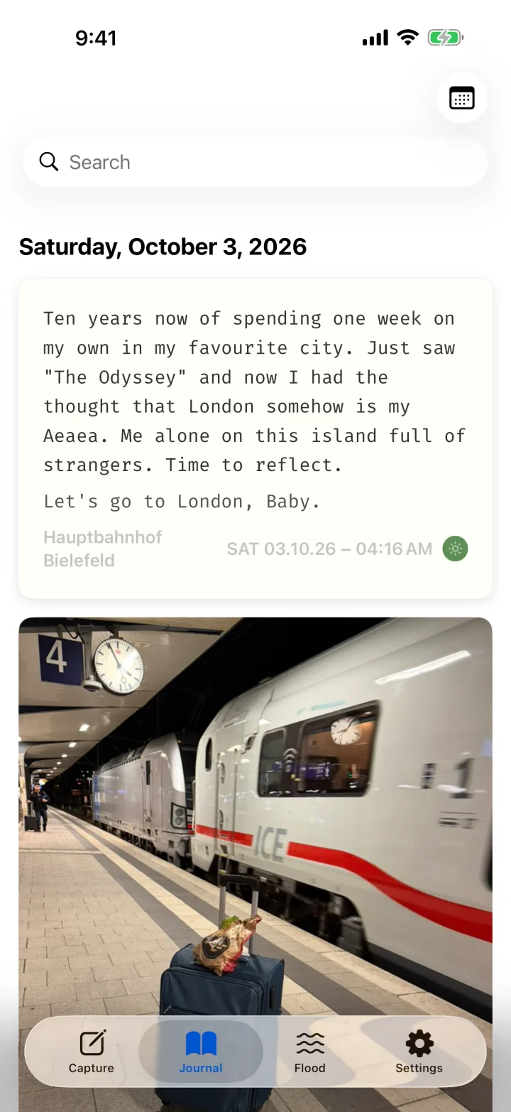 The journal: a date line, paper cards with text, place, date, time and mood dot, and a photo.