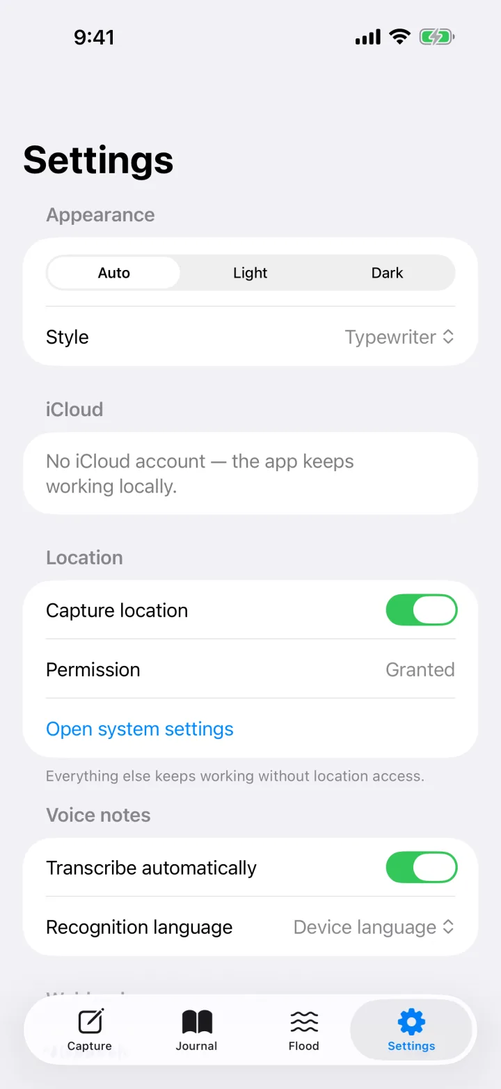 Settings, upper part: appearance, iCloud, location, voice notes.