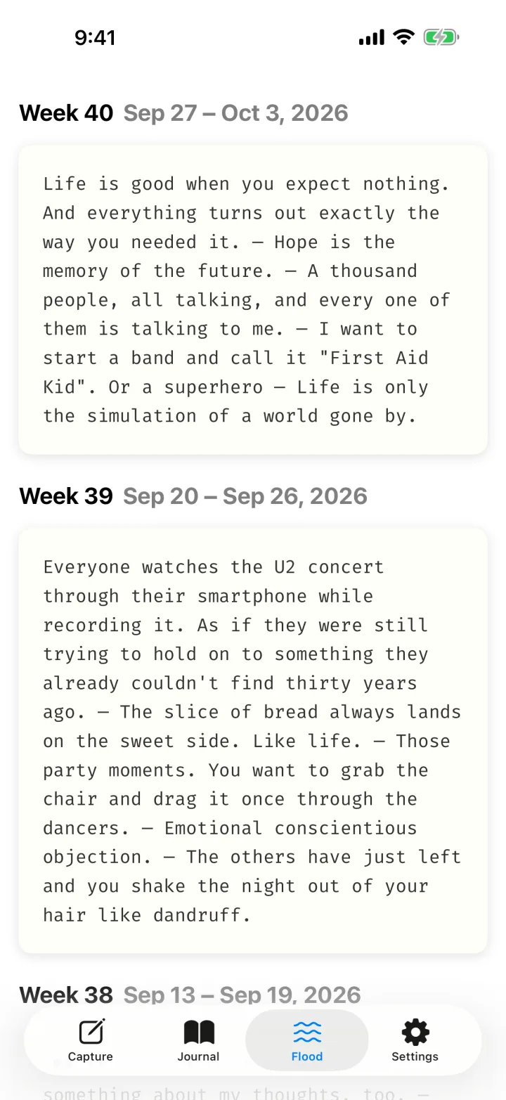 The Flood tab: a week of short notes as one chain on a single card, the week before below.