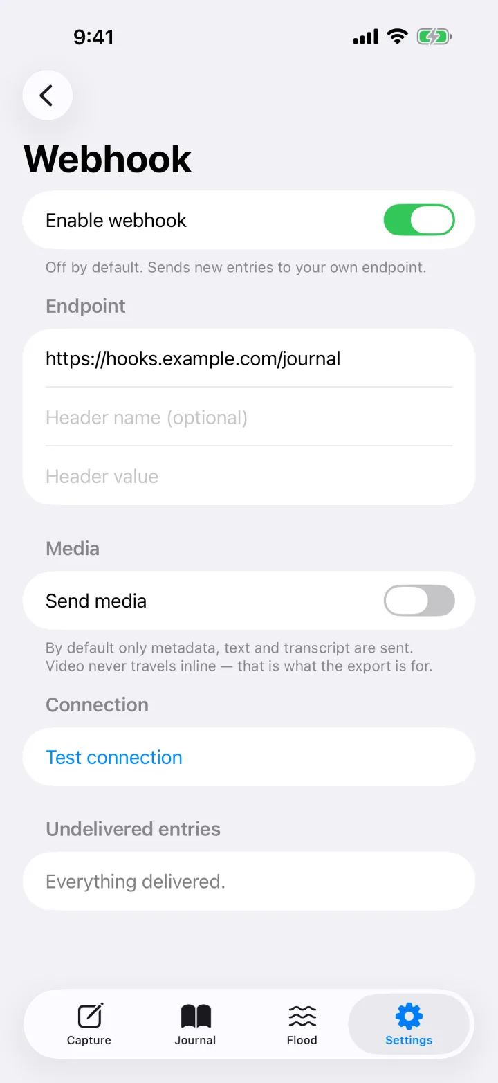 The webhook settings: switch, endpoint with address and header fields, media, test connection, undelivered entries.