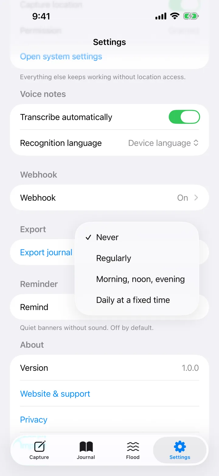 Settings with the reminder picker open: Never, Regularly, Morning noon evening, Daily at a fixed time.
