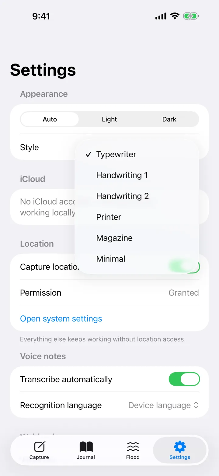 Settings with the style menu open: Typewriter, Handwriting 1, Handwriting 2, Printer, Magazine, Minimal.